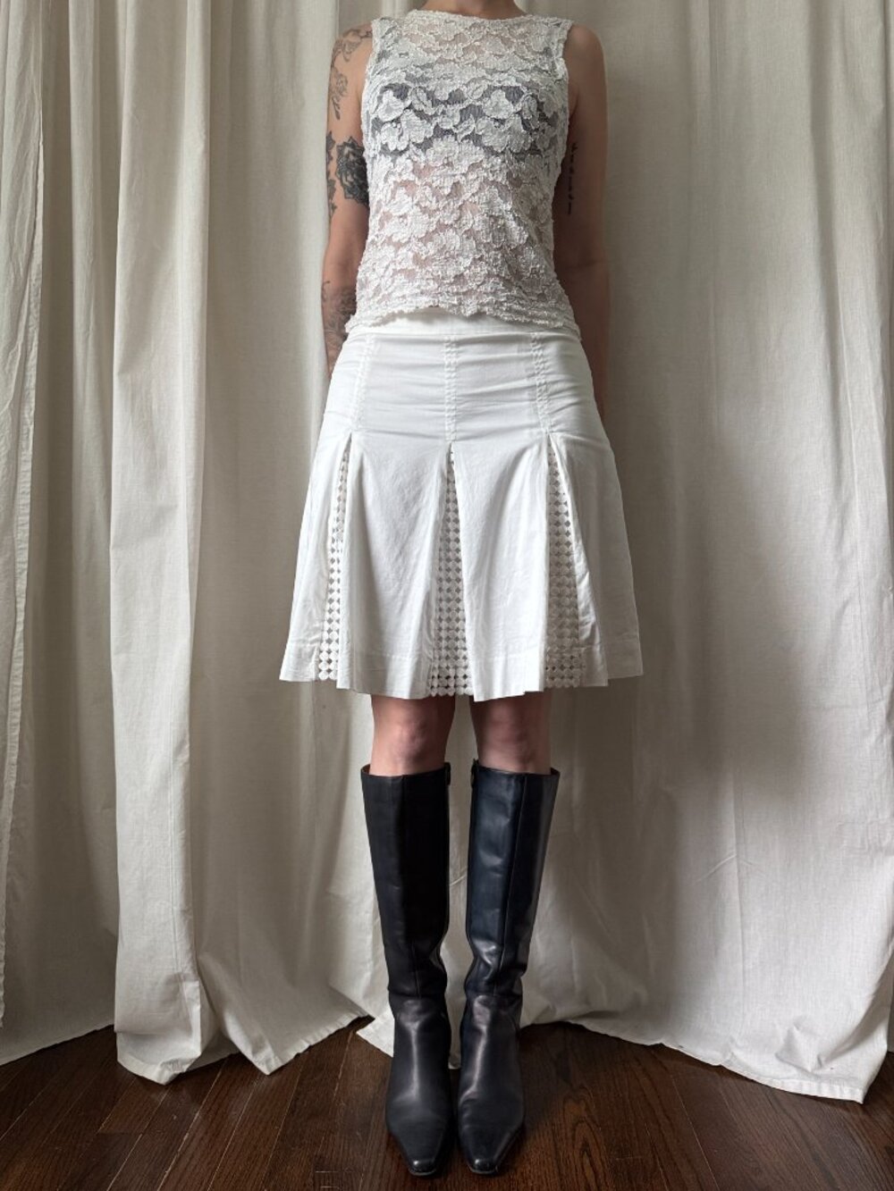 Etcetera White Crochet Panel Pleated Midi Skirt Women's Size 6 | Y2K Sporty